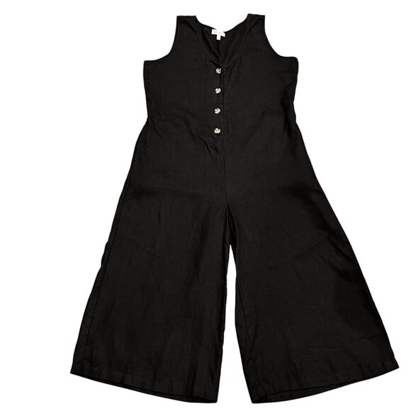 Neiman Marcus Sleeveless Linen Wide Leg Cropped Jumpsuit, Black, L - Picture 1 of 9
